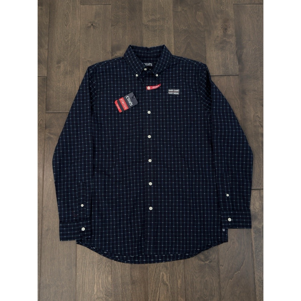 NWT Chaps Easy Care Mens Long Sleeve Size M Button Down Blue Plaid Shirt Stretch